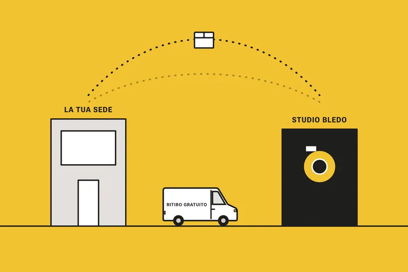 Illustrazione: il furgone ritira il pacco dalla tua sede e lo porta allo studio Bledo