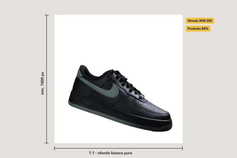 Sneaker su sfondo bianco puro con le misure richieste per la foto principale di Amazon