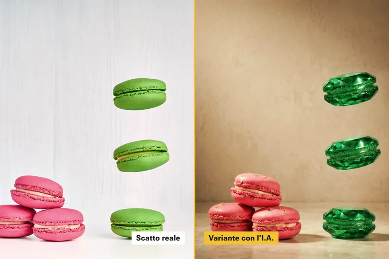 Lo stesso still life di macaron: a sinistra lo scatto reale, a destra la variante con i macaron a smeraldo creata con l’I.A.