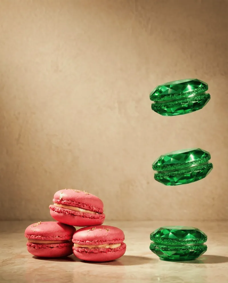 Macaron rosa reali e macaron verdi a smeraldo creati con l’intelligenza artificiale