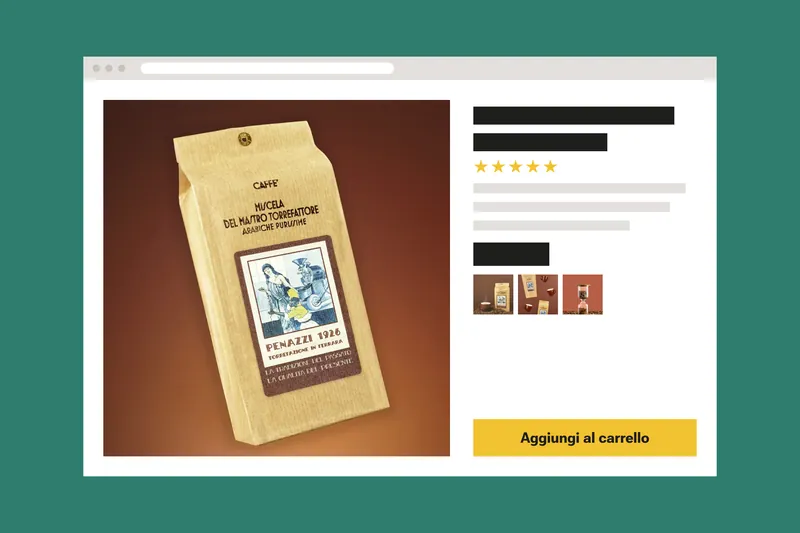 Pagina prodotto di un e-commerce con la foto professionale di un sacchetto di caffè