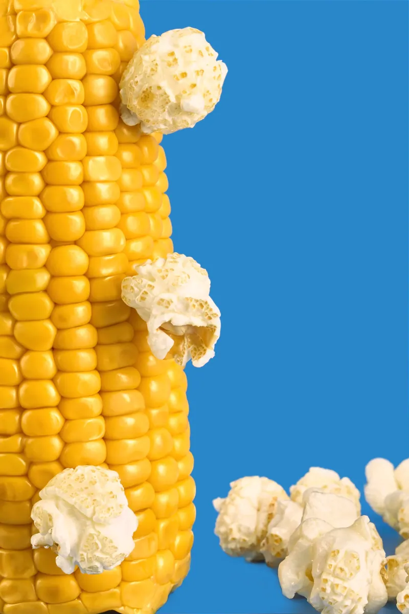 Pannocchia di mais con pop corn su fondale blu